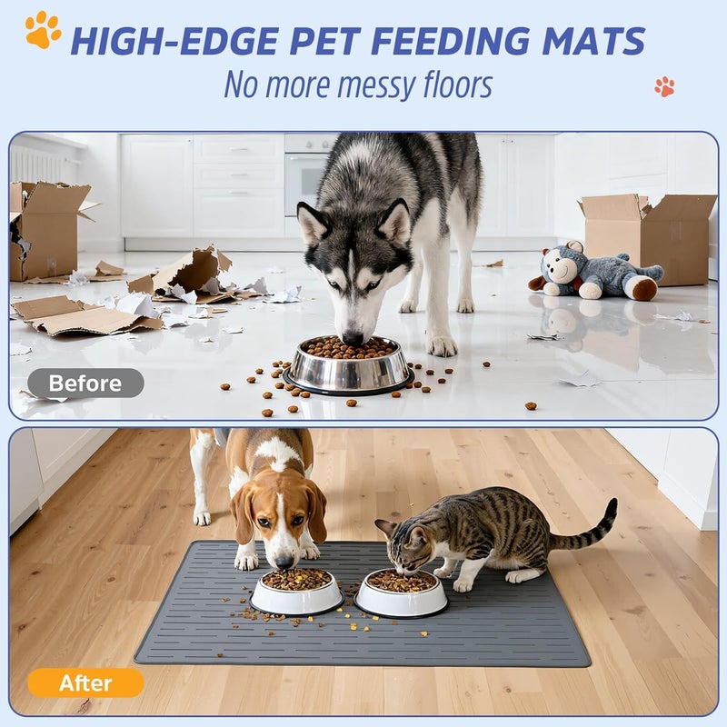 Jet Lag Large Dog Mats for Food and Water, 32"x24" Waterproof Pet Food Mats for Floor Nonslip Silicone Bowl Mats with Raised Edges - Image 3
